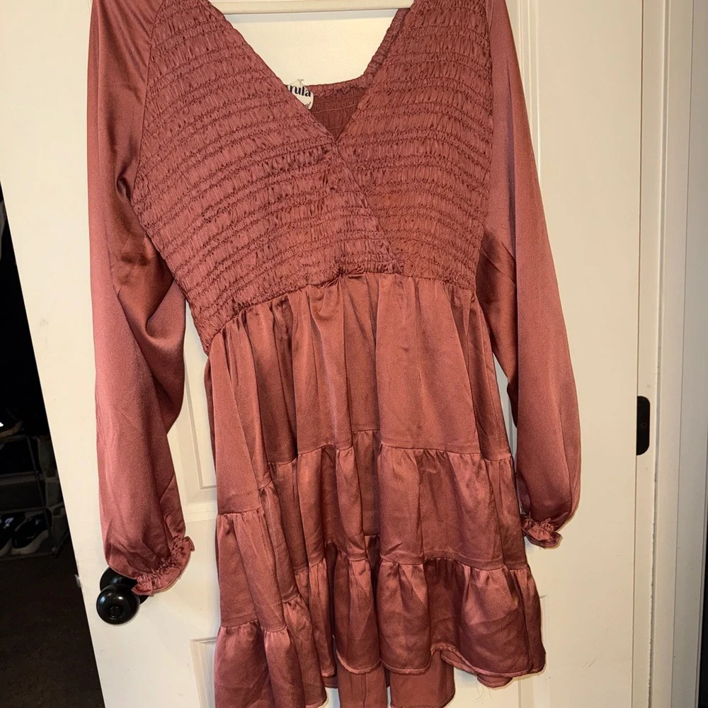 Arula V-Neck Tiered Long-Sleeve Dress in Brick - Picture 2 of 3